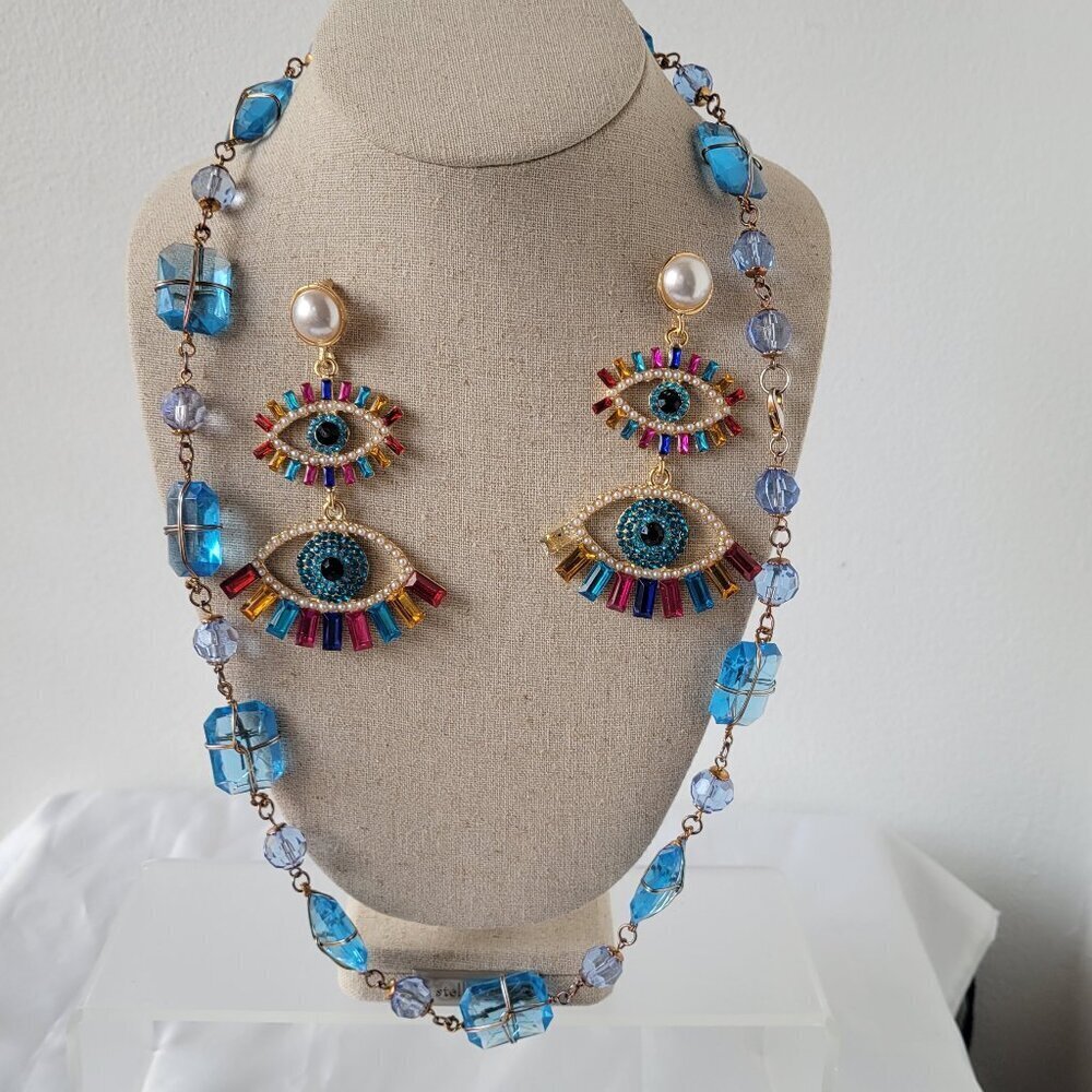 Blue Hexagon Round Glass Chunky Necklace w/ Evil Eye Rhinestone Crystal Earrings